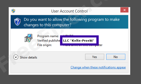 Screenshot where LLC "Kelte-Proekt" appears as the verified publisher in the UAC dialog